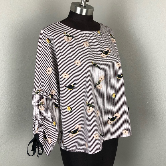 Nanette Lepore Tops - Nanette Lepore Floral Bird Ruched Sleeve Blouse